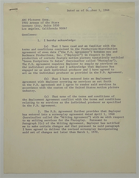 Buck Henry Signed 1969 Contract with ABC Pictures Corp. to Produce and Write <em>Seven Footprints to Satan</em> (BAS)