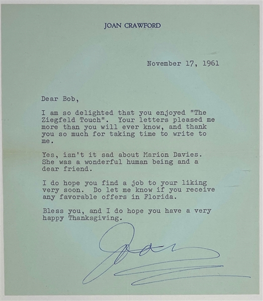 Joan Crawford Signed Letter Referencing the Death of Actor Marion Davies (BAS)