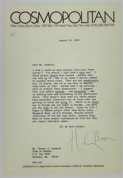 <em>Cosmopolitan</em> Editor Helen Gurley Brown Signed Letter Concerning Her Heroes (BAS)