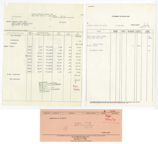 1971 Song Royalty Statement and Royalty Check Stub from Elvis Presley Music Inc. to Venice Music Inc. for Song “Ready Teddy”