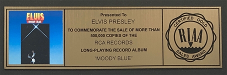 RIAA Gold Record Award for Elvis Presley's 1977 LP <em>Moody Blue</em> - “Presented to Elvis Presley” 