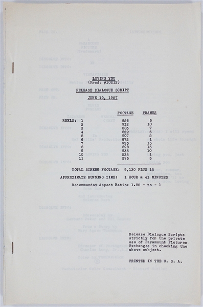 1957 <em>Loving You</em> Paramount Pictures File Copy  “Release Dialogue Script" – Elvis Presleys Second Film