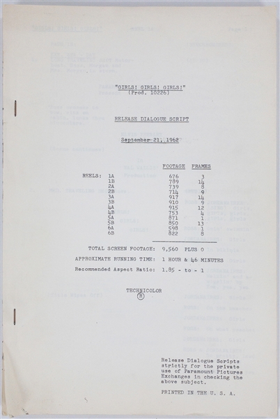 1962 <em>Girls! Girls! Girls!</em> Paramount Pictures File Copy “Release Dialogue Script” and “Production Notes” for Press Release