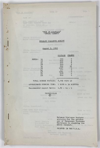 1963 <em>Fun in Acapulco</em> Paramount Pictures File Copy “Release Dialogue Script” - Starring Elvis Presley