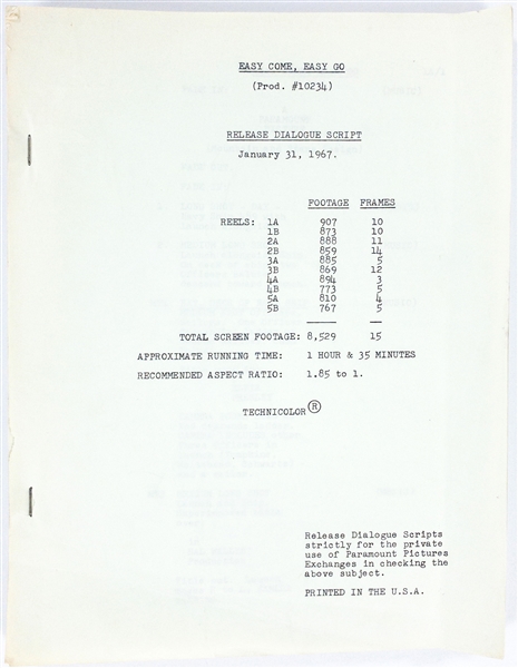 1966 <em>Easy Come, Easy Go</em> Paramount Pictures File Copy “Release Dialogue Script” - Starring Elvis Presley