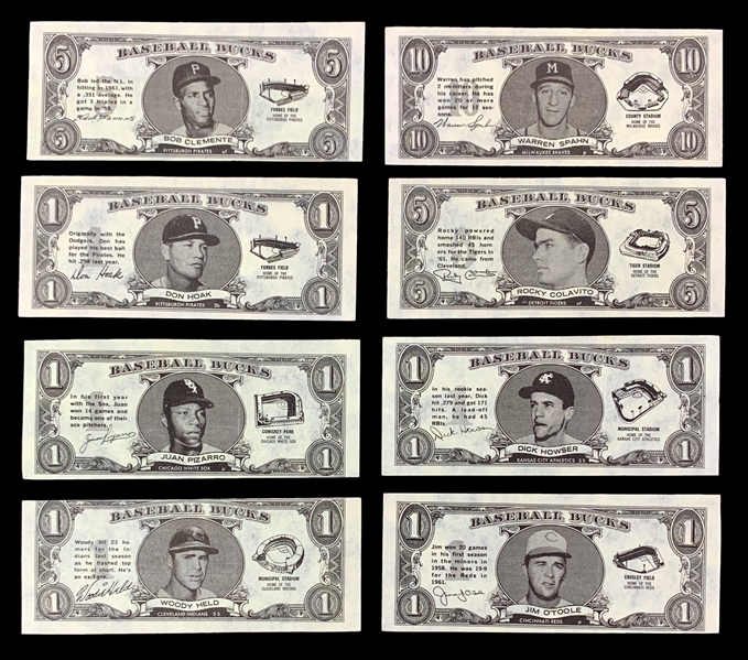 1963 Topps Baseball Bucks Group of 14 Including Clemente and Spahn (14)