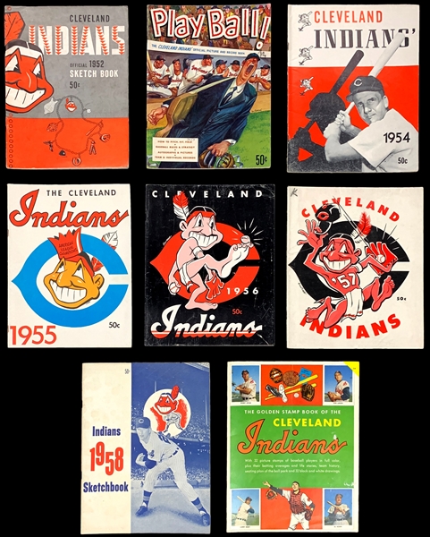 1952-1958 Cleveland Indians Sketch Book Collection of 7 Plus <em>1955 Golden Book of Stamps</em>