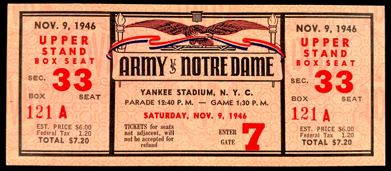 1946 Army vs. Notre Dame FULL Ticket - 