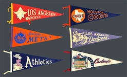 1960's Baseball Pennant Collection of Six Incl. Houston Colt 45s, Los Angeles Dodgers and Others