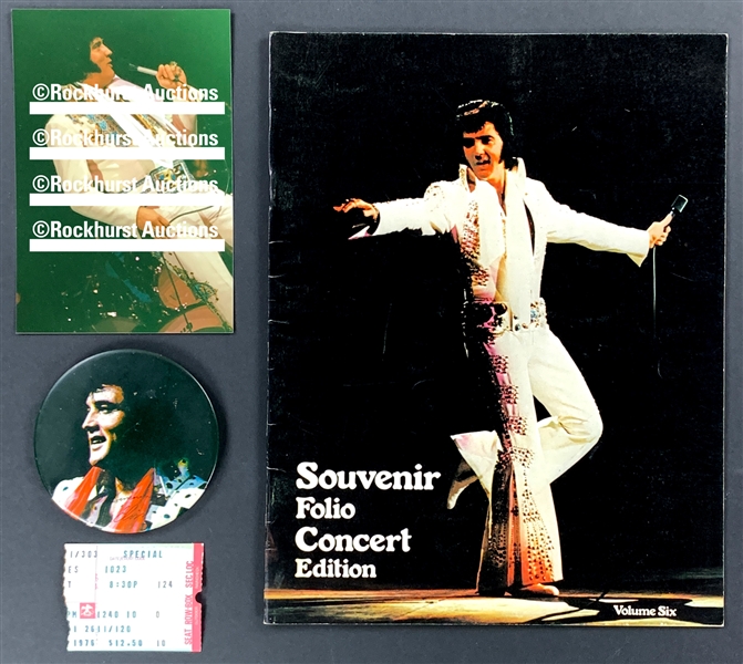 1976 Elvis Presley Cleveland Coliseum Concert Collection Incl. Ticket Stub, Souvenir Album, Souvenir Pinback and Photo of Elvis on Stage