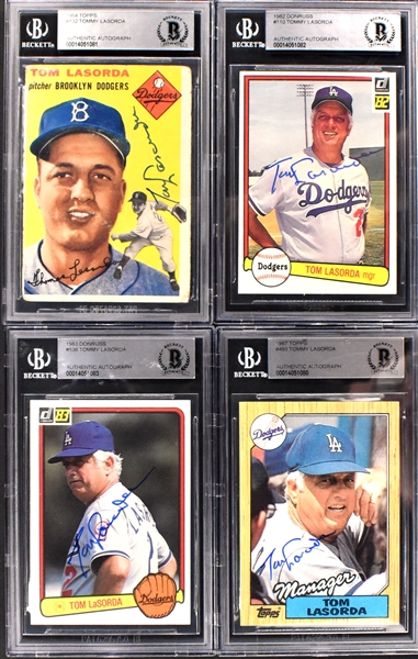 Tommy Lasorda Signed Baseball Cards (4) Incl. 1954 Topps #132 Rookie Card! (BAS)