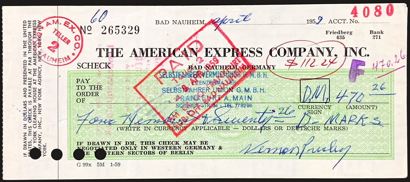 1959 Elvis Presley American Express Check Signed by Vernon Presley (BAS)