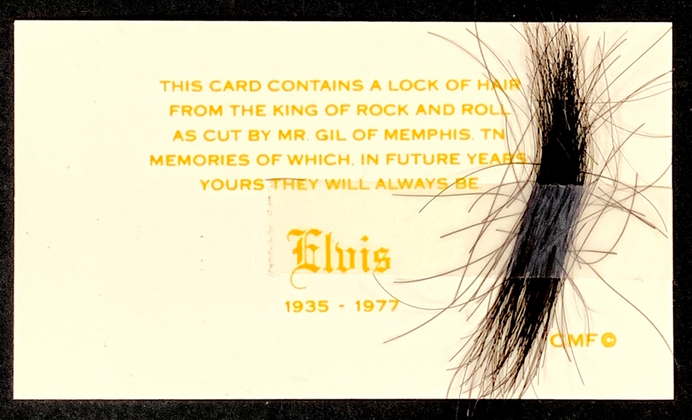 A Large Lock of Elvis Presleys Hair from His Hairdresser Homer “Gill” Gilleland on His Trademark Card