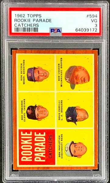 1962 Topps #594 Bob Uecker – Rookie Parade – PSA VG 3