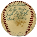 1949 New York Yankees World Series Champion Team Signed Baseball with Joe DiMaggio on the Sweet Spot (12 Signatures) (BAS)