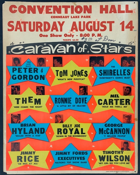 1965 “Caravan of Stars” Concert Poster Incl. Tom Jones, Them and The Shirelles - Convention Hall, Conneaut Lake, PA