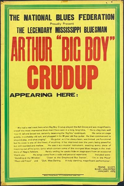 1970 Arthur “Big Boy” Crudup Concert Poster – Very Tough English “National Blues Federation” Broadside