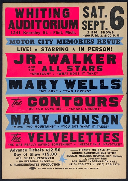 1980 Junior Walker/Mary Wells Concert Poster - “Motor City Memories Revue” Whiting Auditorium, Flint, Michigan 