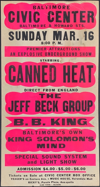 1969 Canned Heat/Jeff Beck Group/ B.B. King Concert Poster -  Civic Center, Baltimore, Maryland