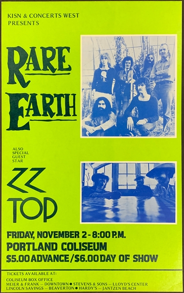1973 Rare Earth and ZZ Top Concert Poster (Concerts West) – Portland Coliseum