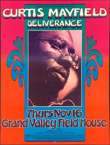 1972 Curtis Mayfield Concert Poster (Gary Grimshaw) – Grand Valley Field House, Allendale, Michigan