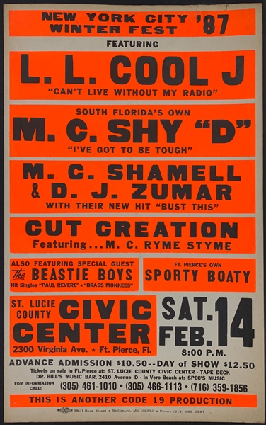 1987 L.L. Cool J and The Beastie Boys (<em>Licensed to Ill</em> Tour) Concert Poster - “New York City Winter Fest” Civic Center, Ft. Pierce, Florida