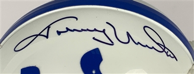 Johnny Unitas Signed Mini Colts Helmet (PSA/BAS) with Career Stats Display