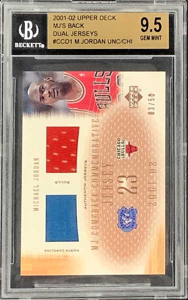 2001-02 Upper Deck Michael Jordan “MJs Back Dual Jerseys” #CCD1 BGS GEM MINT 9.5