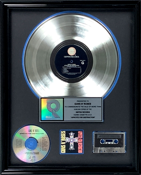 RIAA 9X Platinum Record Award for Guns N Roses 1987 LP <em>Appetite for Destruction</em> - “Presented to Guns N Roses” - Certified in 1993