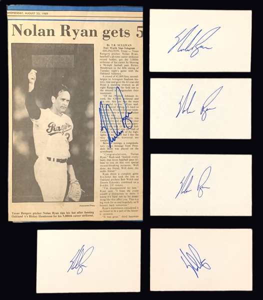 Nolan Ryan Signed Index Cards (5) and Newspaper Photo from His 5,000th Strikeout (BAS)