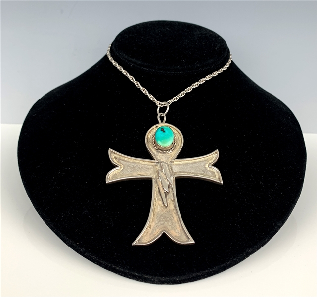 Elvis Presley Owned Lightning Bolt Silver and Turquoise Ankh Necklace – with Original Sketch from Mike McGregors Files!