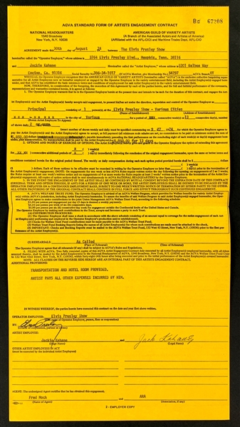 Elvis Presley Signed 1974 Sept.-Oct. Concert Tour Contract with Opening Act Comedian Jackie Kahane (BAS)