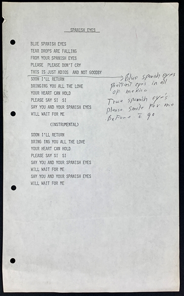 Elvis Presleys “Spanish Eyes” Lyric Sheet from His Personal On-Stage Concert Binders