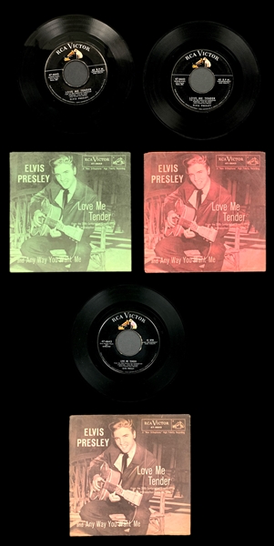 Three Variations of Elvis Presleys 1956 RCA 45 RPM Single <em>Love Me Tender</em> - Incl. Dark Pink, Light Pink and Green Sleeves