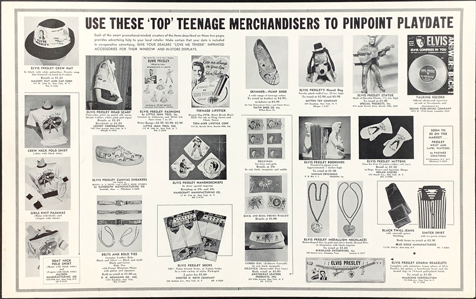 1956 Elvis Presley Enterprises Merchandising Guide Poster Showing 35+ Products