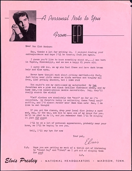 1956 Elvis Presley Fan Letter on Pink Pictorial Letterhead – Referencing “Hound Dog” and “ Dont Be Cruel”– From the Trude Forsher Archive