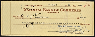 Sun Record Co. Check to Dewey Phillips for $500 (10/5/56) Signed by Sam Phillips and Dewey Phillips*