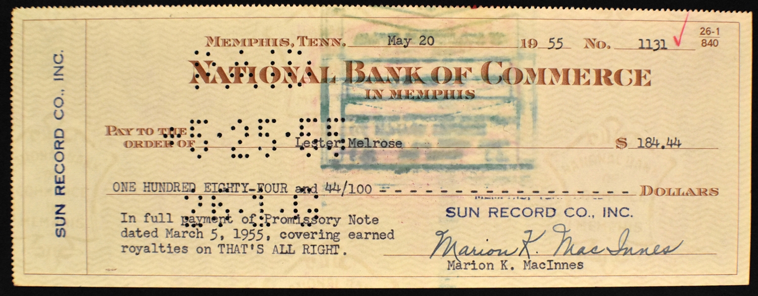 Sun Record Co. Check Written to and Signed by Legendary Blues Producer Lester Melrose Covering Earned Royalties for Elvis Presley’s Recording of “That’s All Right”*