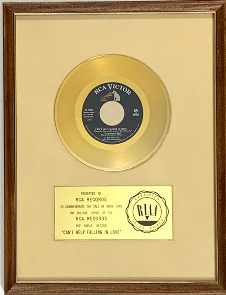 RIAA Gold Record Award for Elvis Presleys 1961 Single “Cant Help Falling in Love” - “Presented to RCA Records” - Certified in 1962 - Early White Linen Matte Style