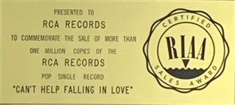 RIAA Gold Record Award for Elvis Presley's 1961 Single “Can't Help Falling in Love” - “Presented to RCA Records” - Certified in 1962 - Early White Linen Matte Style