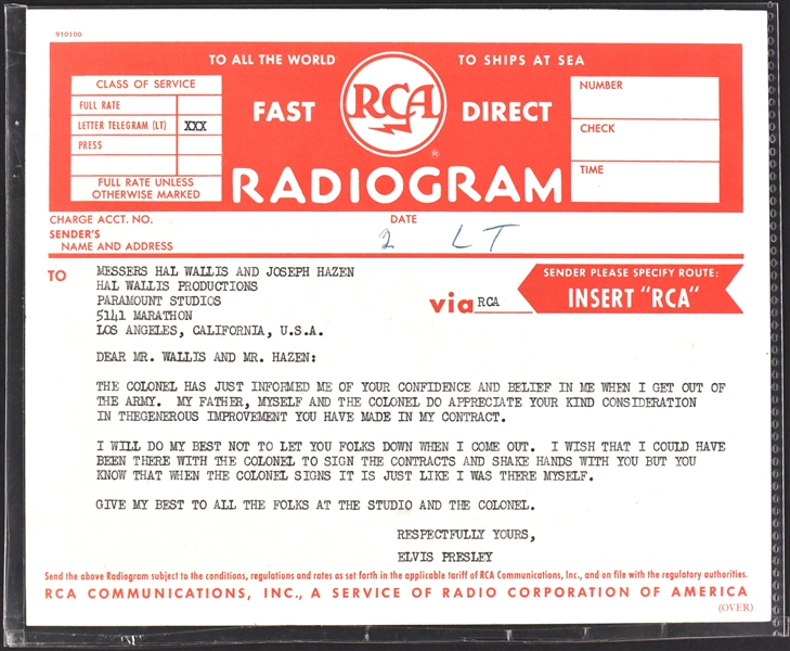 1958 Elvis Presley’s RCA Radiogram to Hal Wallis