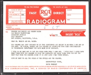 1958 Elvis Presley’s RCA Radiogram to Hal Wallis