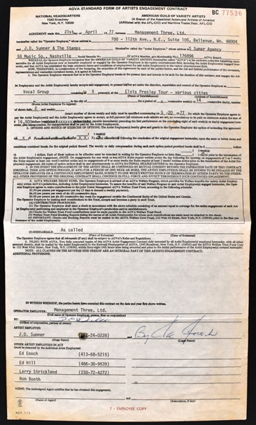 1977 Elvis Presley Tour Contract with J.D. Sumner & The Stamps - His Second to Last Tour