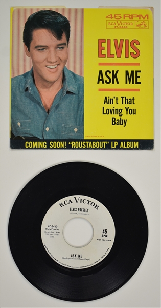 1964 Elvis Presley RCA Victor White Label “Not For Sale” 45 RPM Single “Ask Me” / “Aint That Loving You Baby” with Picture Sleeve - <em>Roustabout</em>