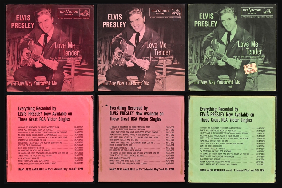 Three Variations of Elvis Presleys 1956 RCA 45 RPM Single “Love Me Tender” - Incl. Dark Pink, Light Pink and Green Sleeves