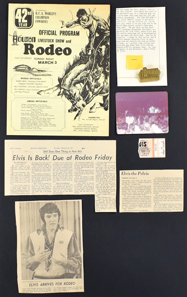 Elvis Presley "Houston Livestock Show and Rodeo" Archive with 1970 Badge and Program, 1974 Concert Brochure, 1970 and 1976 Photographs and Other Ephemera (13 Pieces)