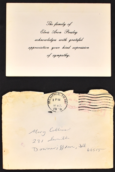 Notecard of Appreciation for Condolences from “The Family of Elvis Aron Presley” with Original Mailing Envelope