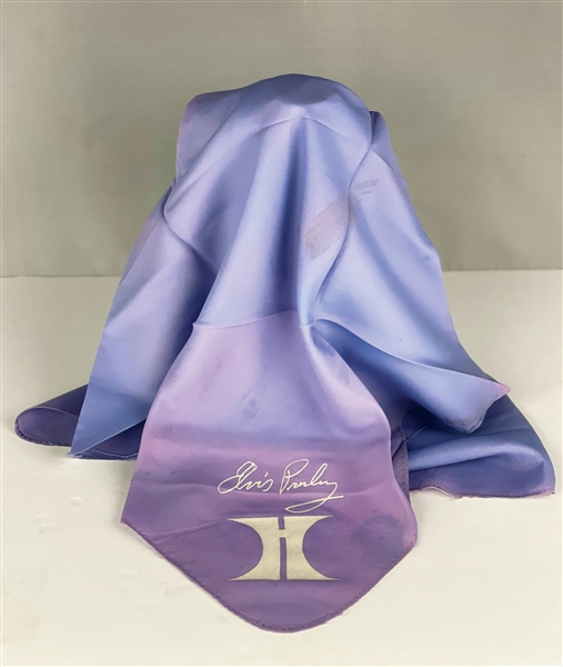 1970s Elvis Presley Lavender Souvenir Scarf with Hilton "H" Logo and Facsimile Signature