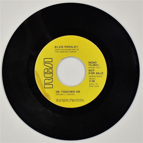 1972 Elvis Presley RCA Victor Yellow Label “Not For Sale” 45 RPM Single "He Touched Me” / “Bosom of Abraham"