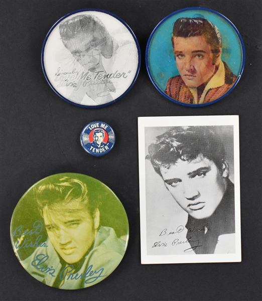 Four Elvis Presley Promotional Pins Plus Small Pocket B&W Photo with "Exclusive RCA Victor Recording Artist" Stamping on Back (5 items)